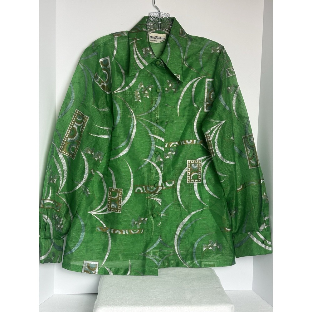 VTG 70s Miss Shaheen California Hawaii Asian Sheer Print Button Blouse Top M
